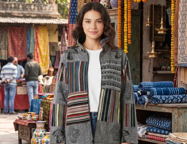 Women’s Patchwork Jacket – Colorful Boho Printed Zip-Up Jacket with Stand Collar